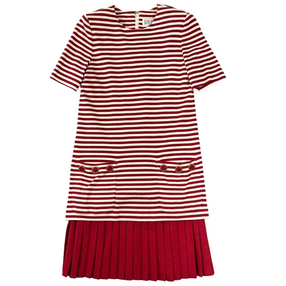 Vintage 90s Julian Taylor Red White Stripe Knit Mod Dress Pleated Hem Pockets 10